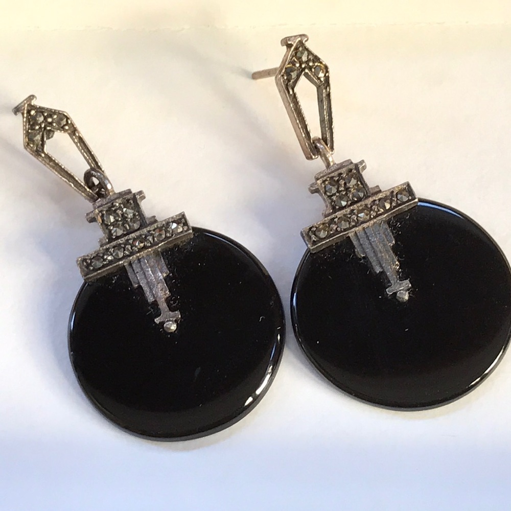 Sterling Silver & Marcasite Dangle Earrings Black